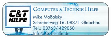 Computer & Technik Hilfe - 
Mike Maßalsky - 
03763 429050 - 
info@cut-hilfe.de